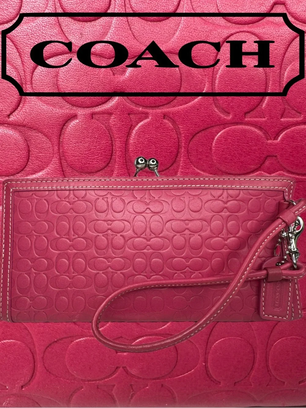 Coach Y2K Pink Embossed Signature C Kisslock Frame Clutch Wristlet Bag